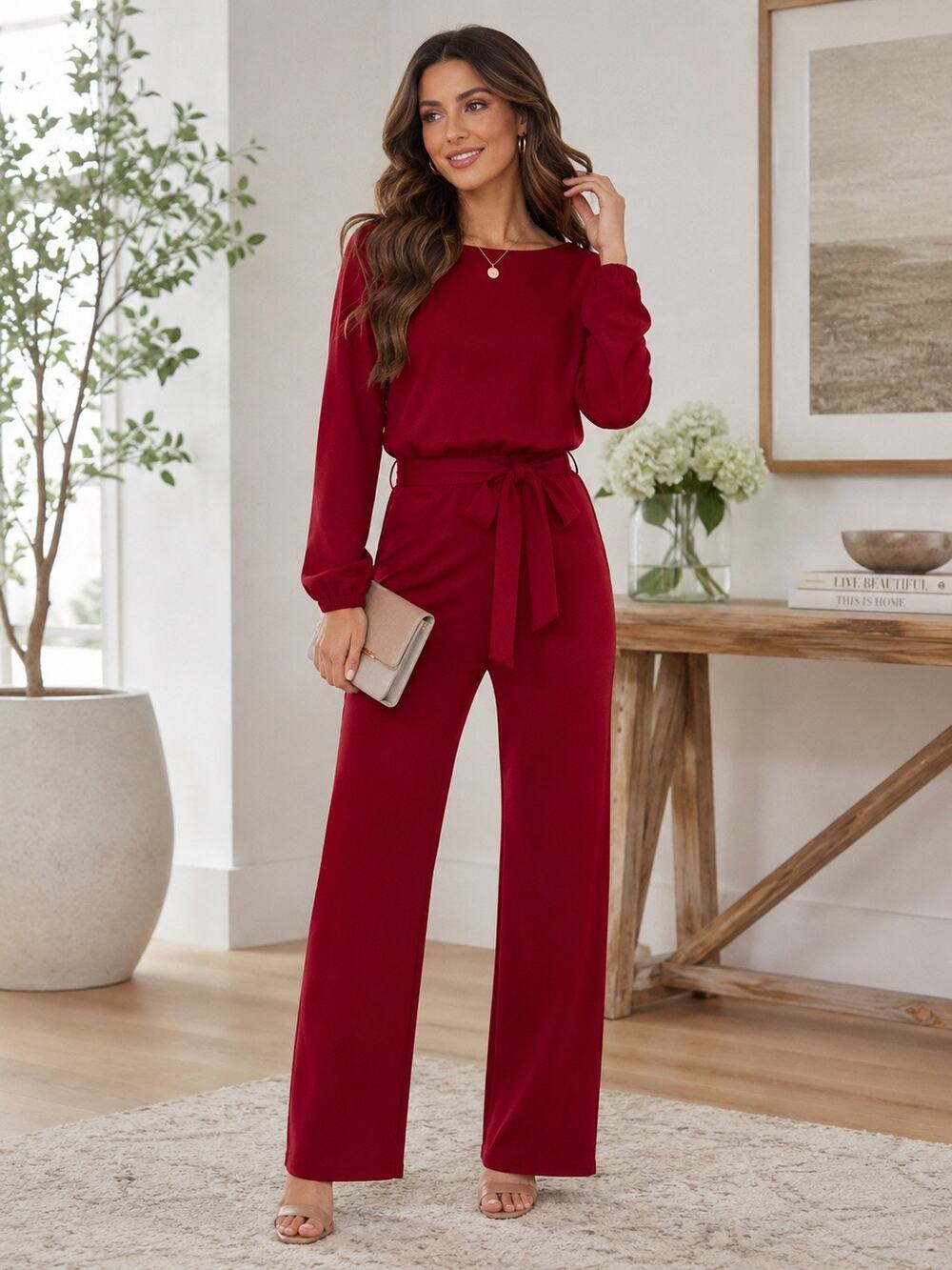 Nikki Lund Joy Burgandy Long Sleeve Tie Waist Jumpsuit Large NWOT